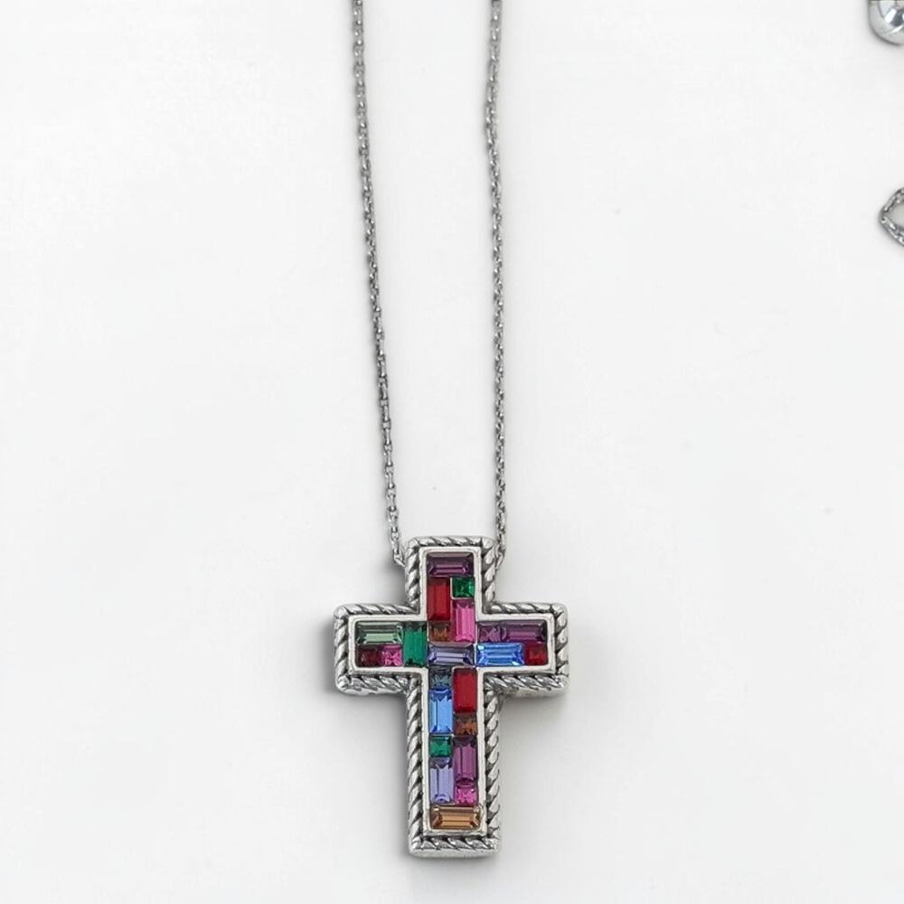 Brighton St Michel Mosaic Cross Necklace Multicolor Baguette Crystal Retired
